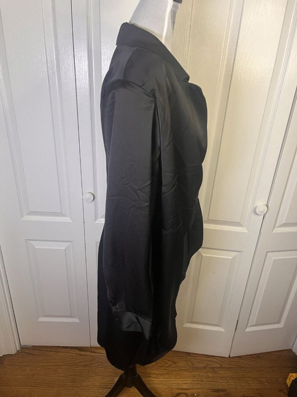 Eloquii Black Satin Long Sleeve Shirt Wrap Dress Plus Sz 22 Lapel Collared Mini - Picture 10 of 12